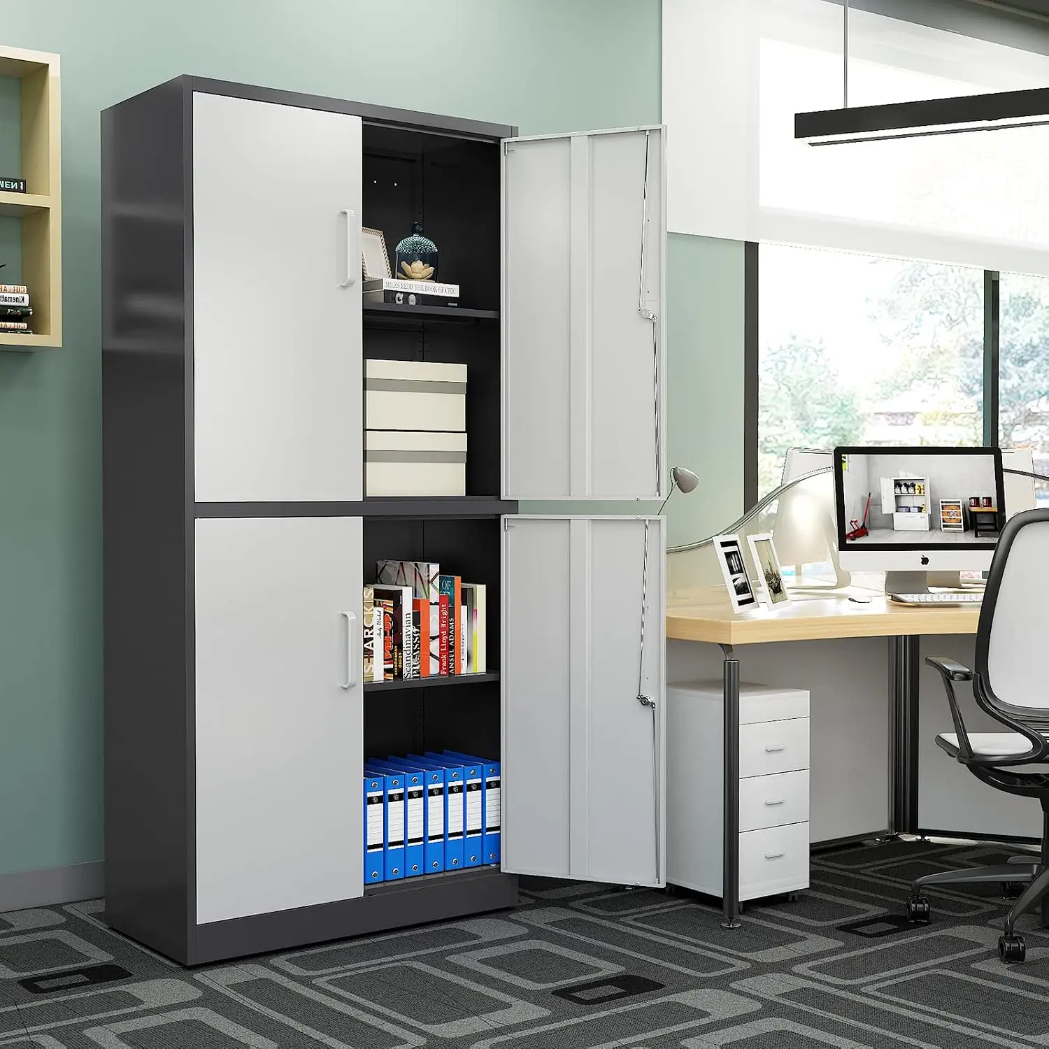 Metal Storage Cabinet With Locking Doors Tall Garage Cabinet Three Adjustable Shelves Lockable Steel Tool Locker For Home Office Pantry Black