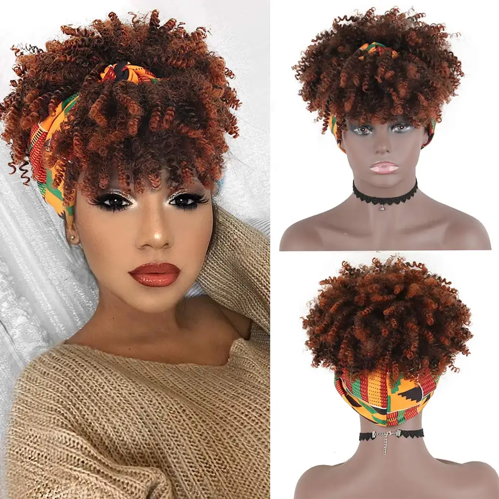 Kręcone peruki dla czarnych kobiet Krótkie afro Kinky Curly Opaski na peruki, kręcone syntetyczne czarne peruki z grzywką Peruka z opaską na głowę