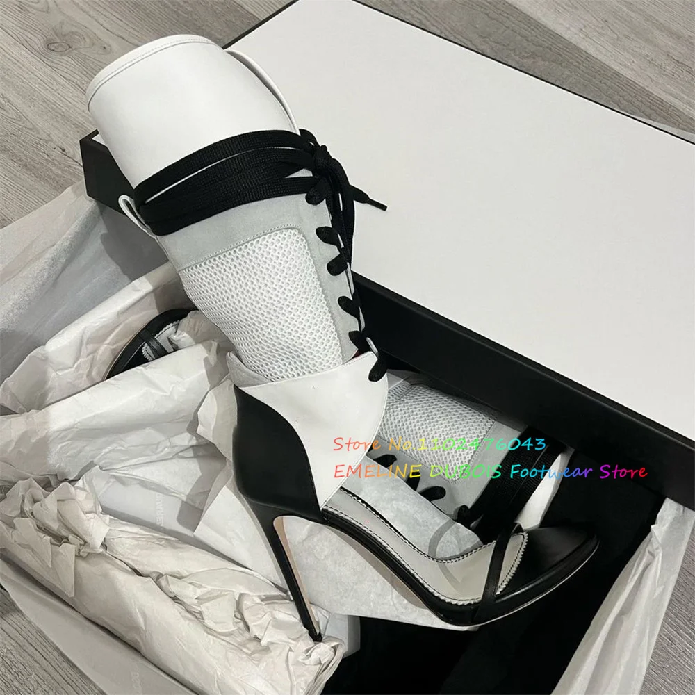 

White Red Patchwork Fold Over Cut Out Lace Up Sandals Women Sexy Open Toe Stiletto Heel Hollow Gladiator Trendy Elegant Shoes