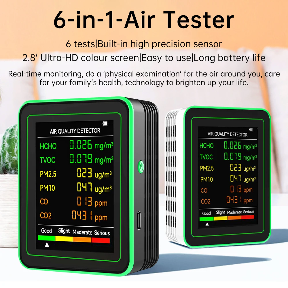 Air Quality Monitor 6-in-1 PM2.5, CO2, TVOC Monitor, Air Quality Detector, Formaldehyde Detector Multifunctional Household