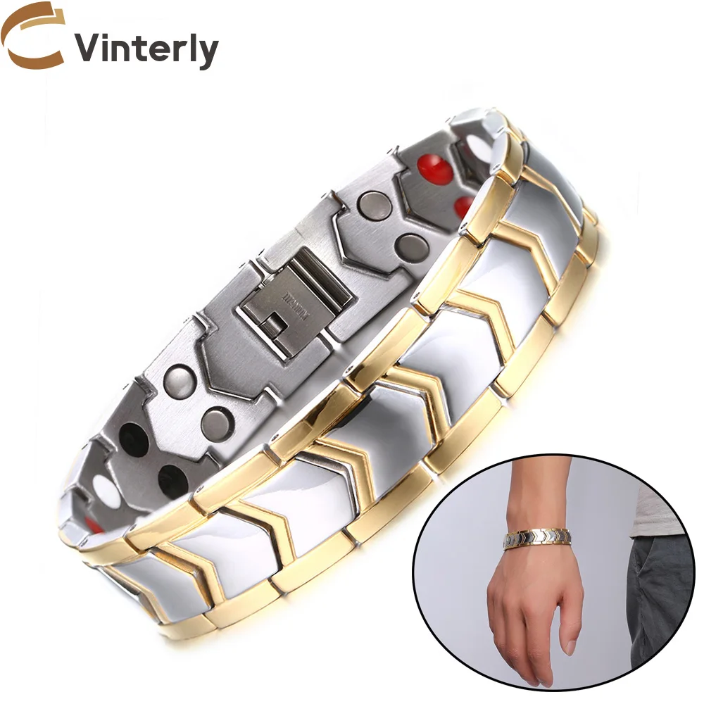 Vinterly Energy Bracelets Men Magnetic Arrow Gold Color Chain Link 15mm Wide Stainless Steel Germanium High Magnet Male Jewelry