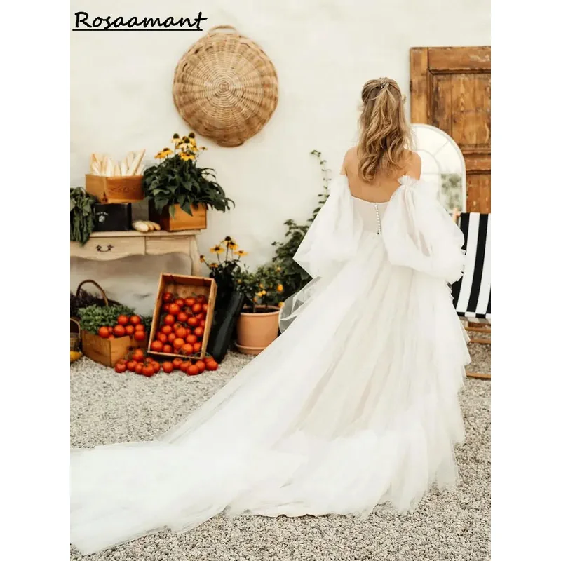 Romântico sem alças manga destacável a linha vestidos de casamento em camadas tule boho país personalizado vestidos de noiva