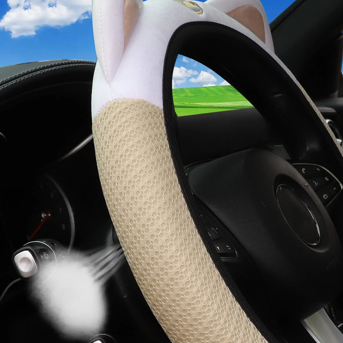 1 atmungsaktiver Mesh-Stoff-Lenkradbezug mit niedlichem Kätzchen-Motiv ohne Innenring, passend für 14,5-15 Zoll, Autozubehör – Detail 13