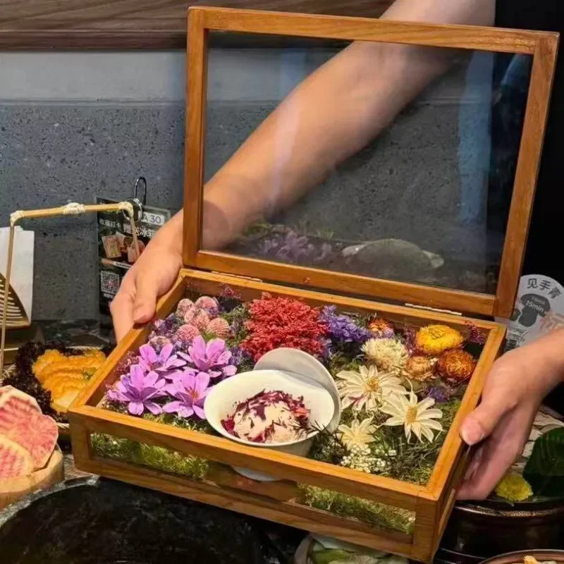 Rectangular Wooden Clamshell Box for Wild Mushroom Hot Pot Serving Platter Creative Tableware for Dessert Snacks Restaurant