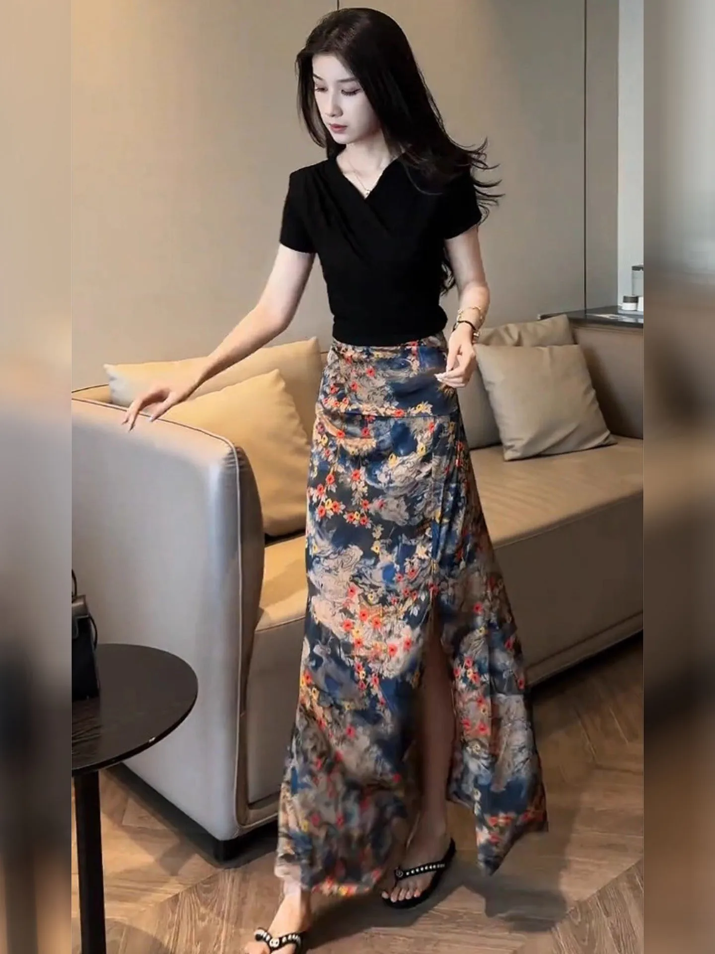 

New Chinese Sle Summer Women's Faion Set Unique Brown Top Floral f Skirt Two-Piece Ensemble Ele Vintage Look