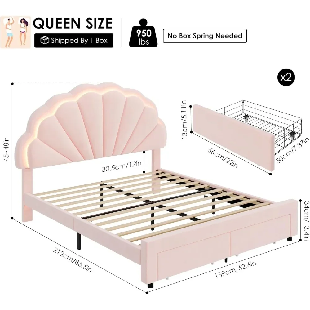 HIFIT Full Size Upholstered Smart LED Bed Frame with 2 Storage Drawers and Adjustable Chic Double Petal Headboard, Princess