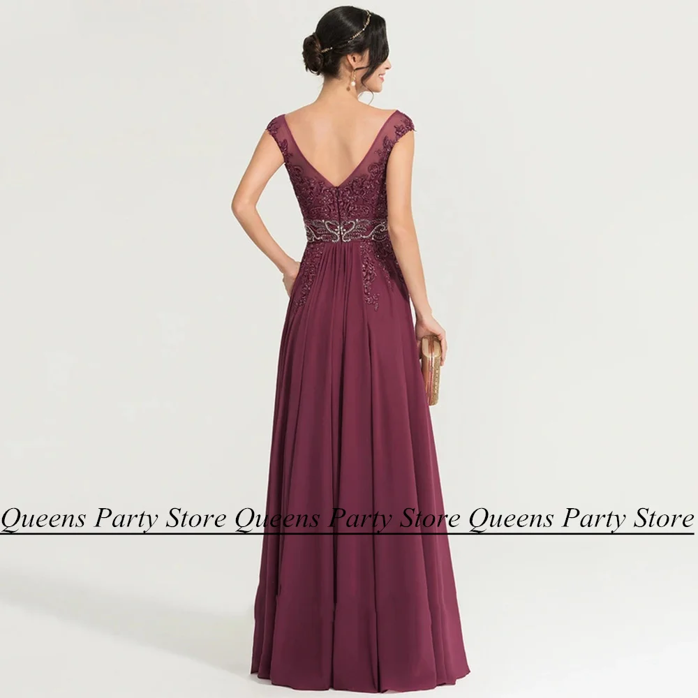 Elegant Mother of The Bride Dress Cap Sleeve V Neck Beads Stones Applique Side Slit Wedding Guest Gown Formal Evening Dresses