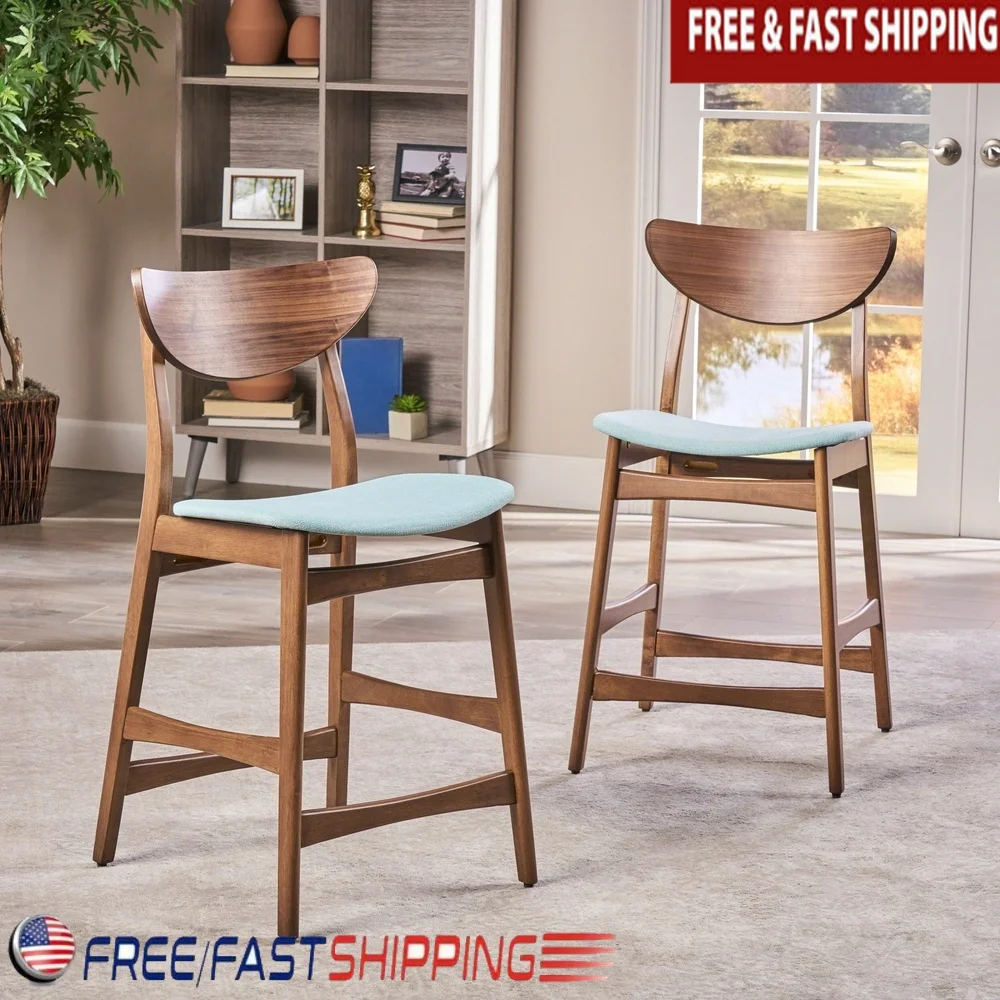Upholstered Counter Stool Set of 2 Fabric Chairs with Solid Wood Frame Foot Rest Kitchen Dining Living Room