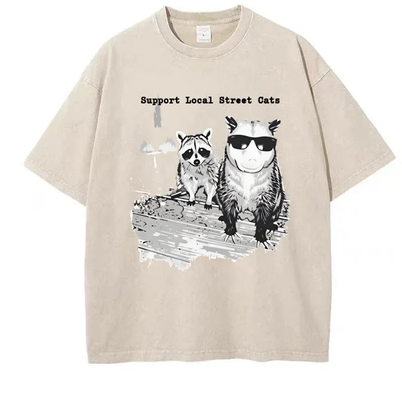 Support Local Street Cats T Shirt Funny Raccoon Skunk Possum T-Shirt Retro Animal Lover Meme Tee Oversized Acid Wash Tshirts - view 2