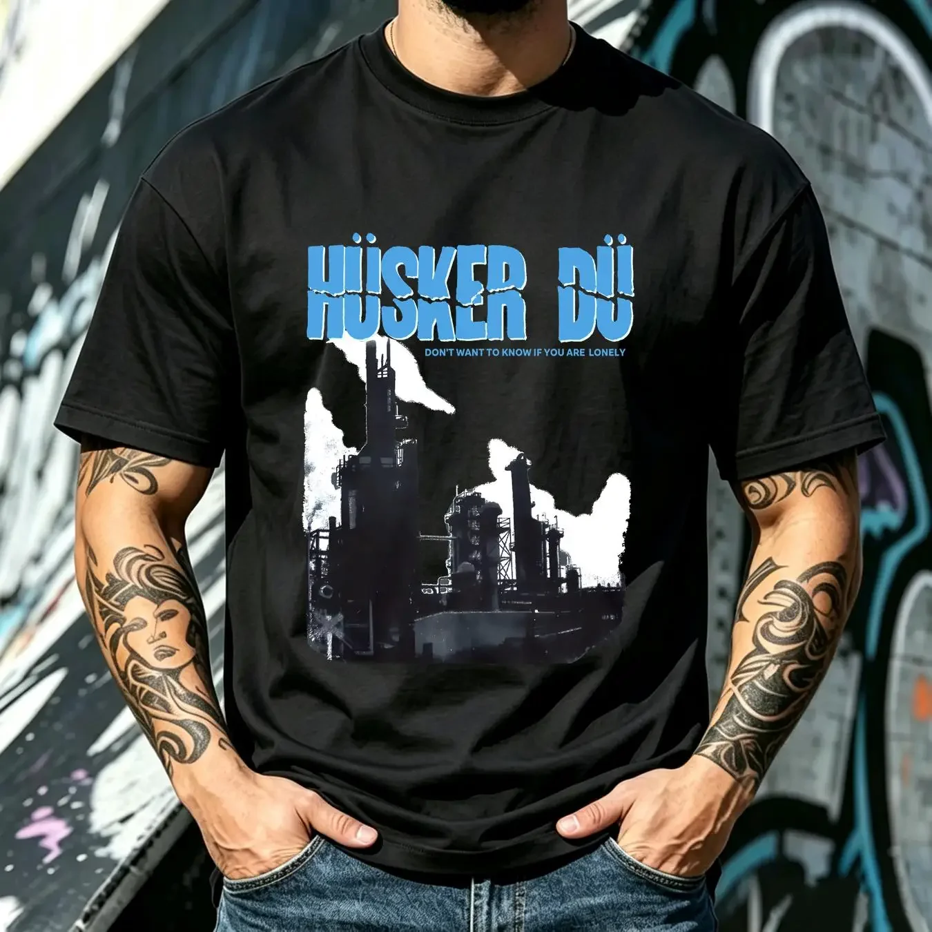 washed T Shirt husker du don want to know if you are lonely dark blue logo vintage Washed graphic Unisex Comfortable