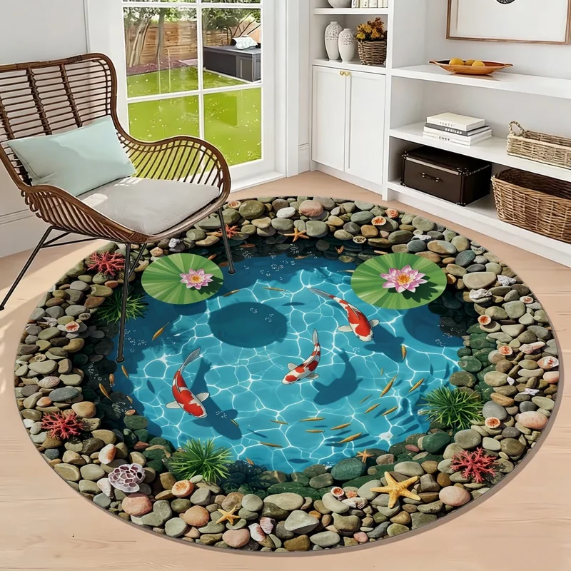 Suitable for Floor Types Suitable for Home Round Rug with Koi Fish & for Lotus Pond - New Chinese Style Water Ripple Stone Pattern, Machine Washable IndoorOutdoor Floor Mat Suitable for Living Room, Kitchen, 2D Flat