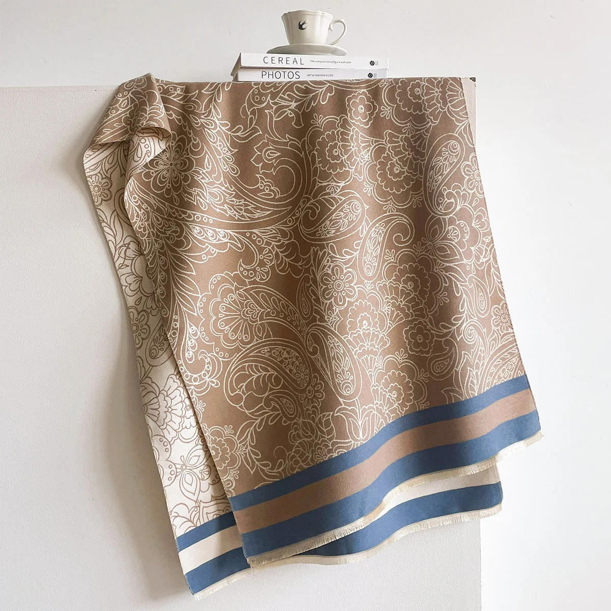 Winter High Grade Faux Cashmere Shawl Women Khaki Vintage Classic Paisley Floral Motif Thick Cozy Warm Large Wrap Scarf