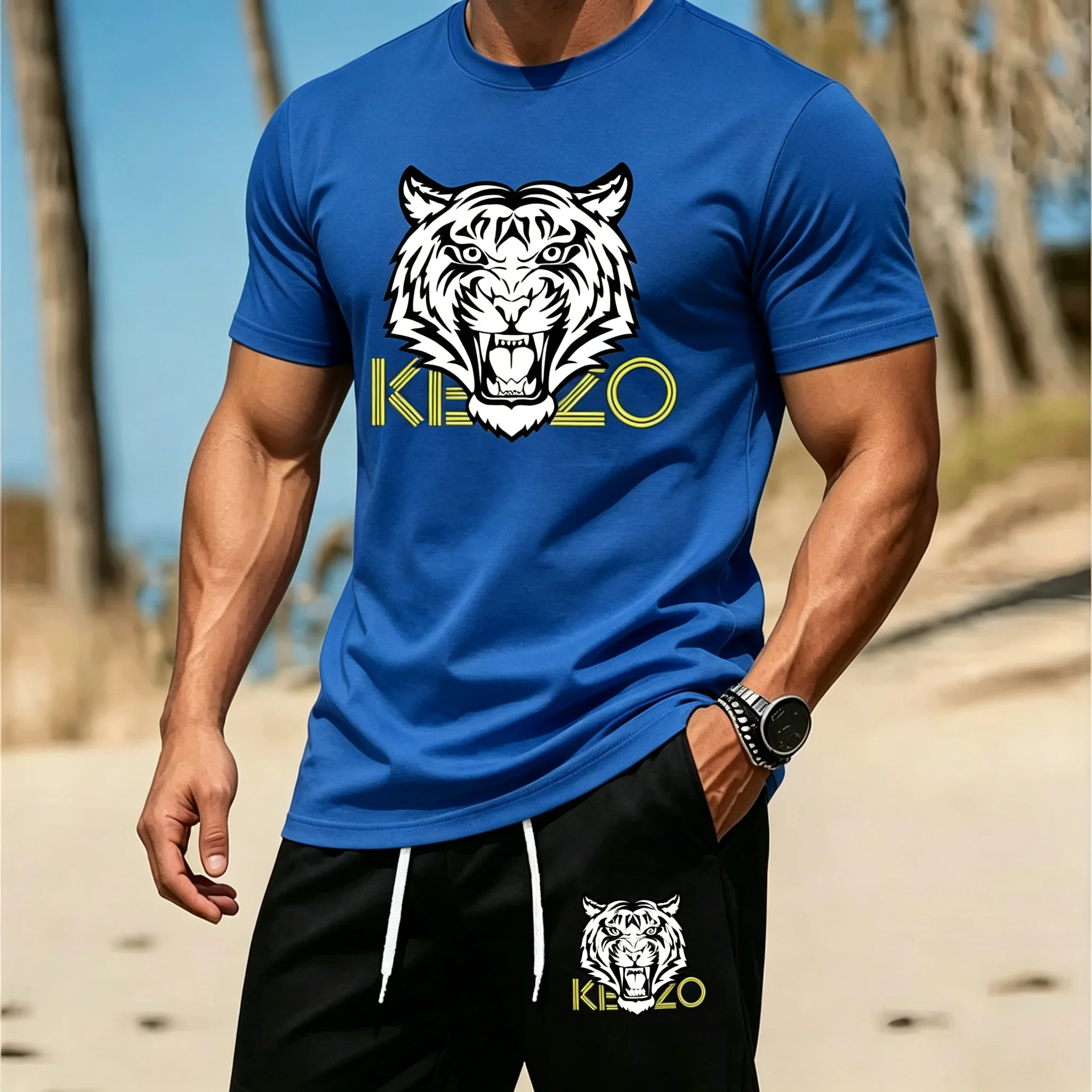 Men Summer Tiger Stripe 2 Piece Tracksuit Breathable Quick Dry Short Sleeve T Shirt Shorts Set Gym Running Sportswear view 3
