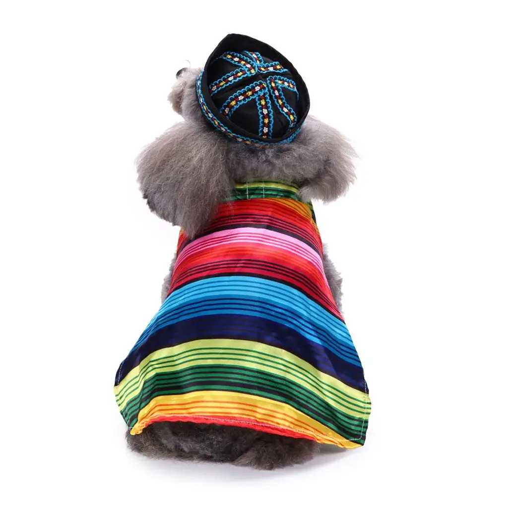 Pet Costume, S/L,Dog Puppy Mexican Serape Poncho with Black Hat Halloween