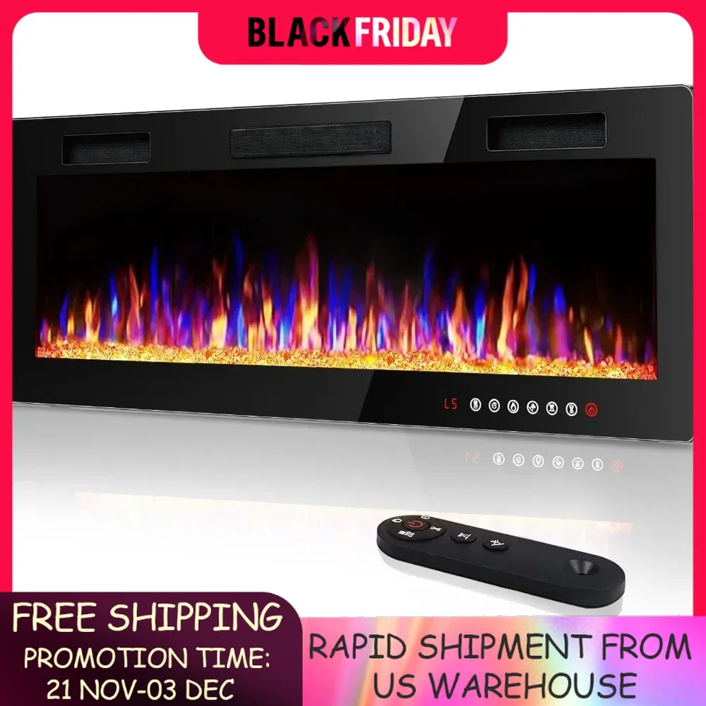 Ultra-Thin in-Wall Recessed and Wall Mounted Fireplace Heater,Linear Fireplace with Multicolor Flame,Timer,Low Noise