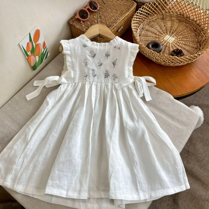 Linen Embroidery Floral Girl\'s Dress Clothes Children\'s Wear Girls Toddler Fashion Summer Dresses Casual Clothes 2-8 Years Old