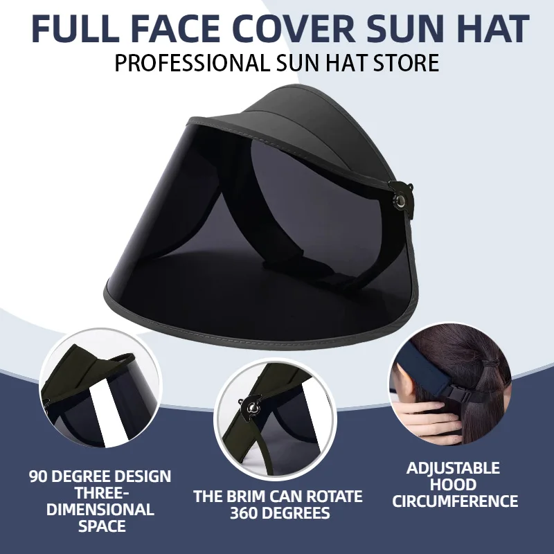 

Black Sun Hat-360° Rotation Adjust Full Face Visor Golf Cap Skin Protection Anti-UV Wide Brim Hat Outdoor UV400 Multi-function