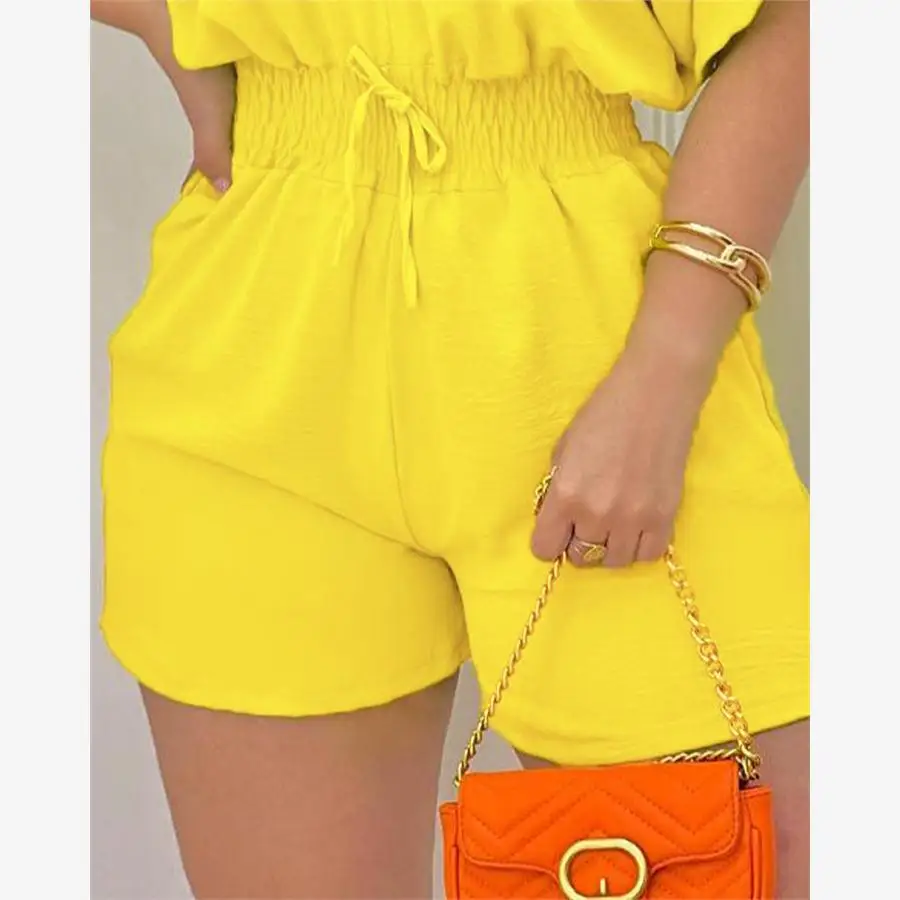 Batwing Sve irred Waist Rer  Color V-Ne Waist Cinching Commute Belted One-Piece Pants High Waist ort Pants