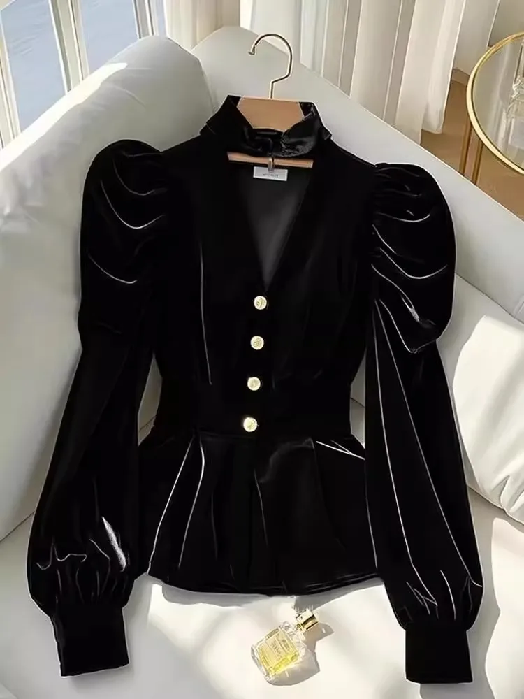 Camisa de manga larga de terciopelo negro para Mujer Y2k cintura delgada Blusas con cuello en V Mujer 2025 principios de primavera nuevas Blusas de un solo pecho