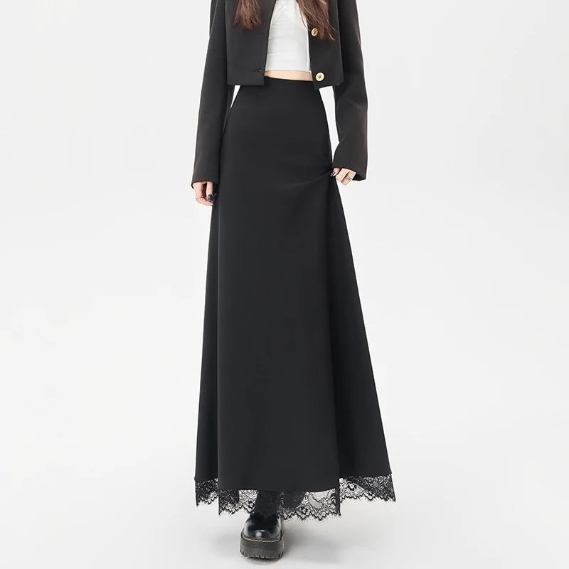 Zwarte kleur Eenvoudige half-body rokken Vrouwelijke hoog getailleerde A-lijn lange rok Woon-werkstijl Chique ontwerp Kanten rokken voor dames