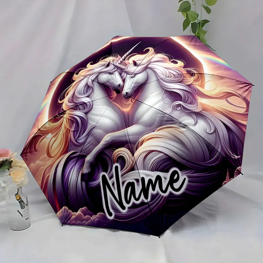 Custom Name Elegant unicorn-themed umbrella with vibrant rainbow hues 8 Iron Ribs Folding Umbrella Auto-Open Fashion Sunshade