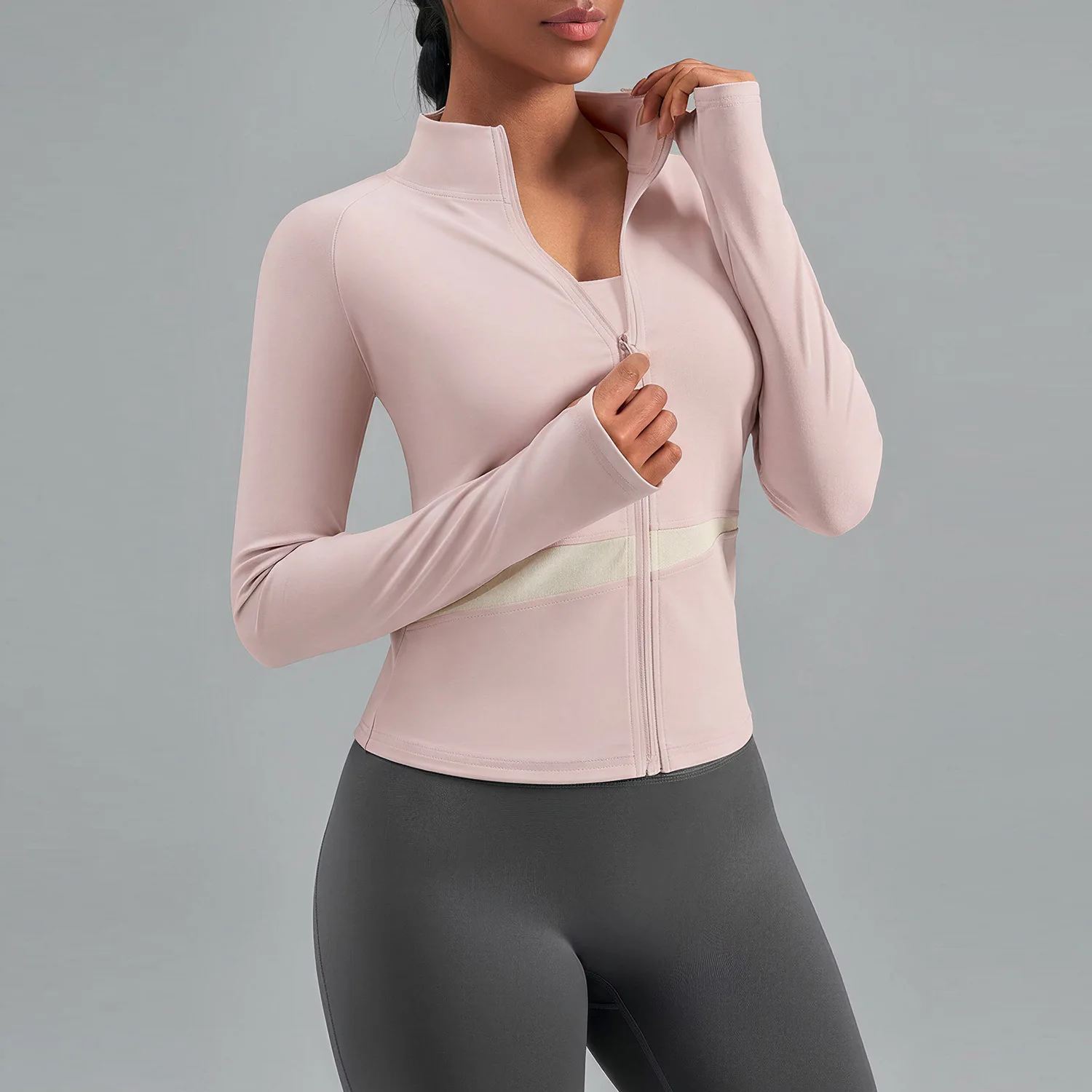 Damen Farbblockierte UV-Schutz Yoga-Jacke Atmungsaktives Layering-Oberteil Naked-Feel Leichtgewicht Langarm Activewear