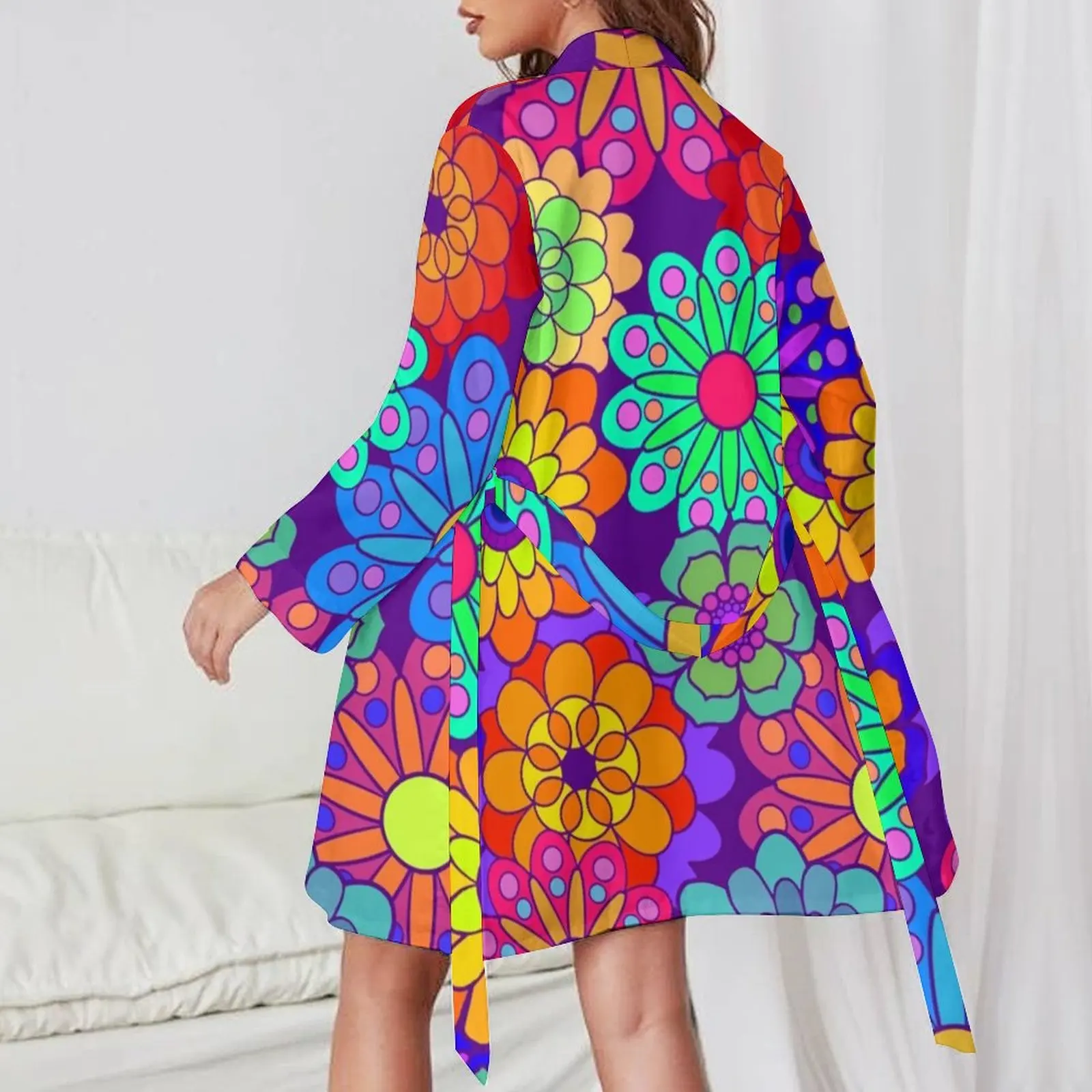 Retro Psychedelic Pajama Robe Womens Hippy Flowers Print Bedroom Sleepwear Long Sleeves V Neck Graphic Pajamas Robes Retro Dress