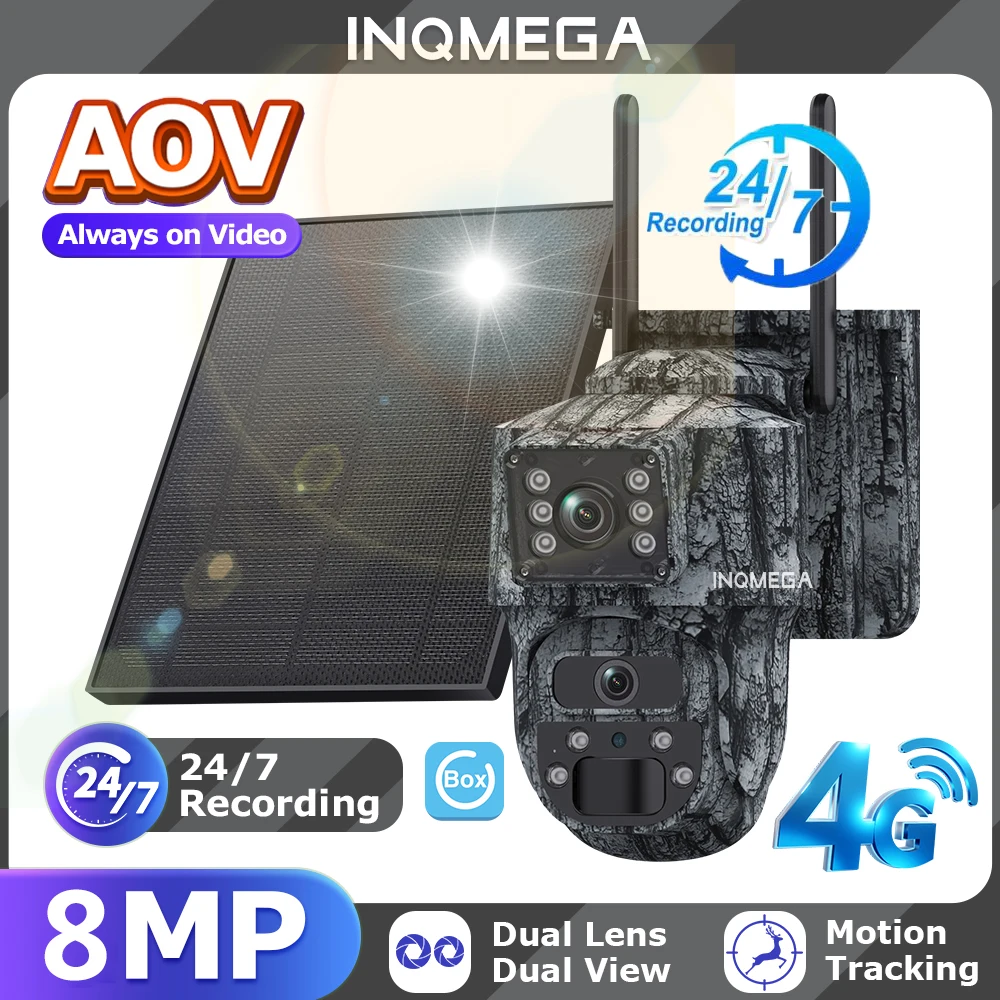 INQMEGA AOV 8MP With Solar Panel 360° PTZ Outdoor Security Camera 4G LTE Wifi Network 10050mAh Battery Auto Tracking IP Camera
