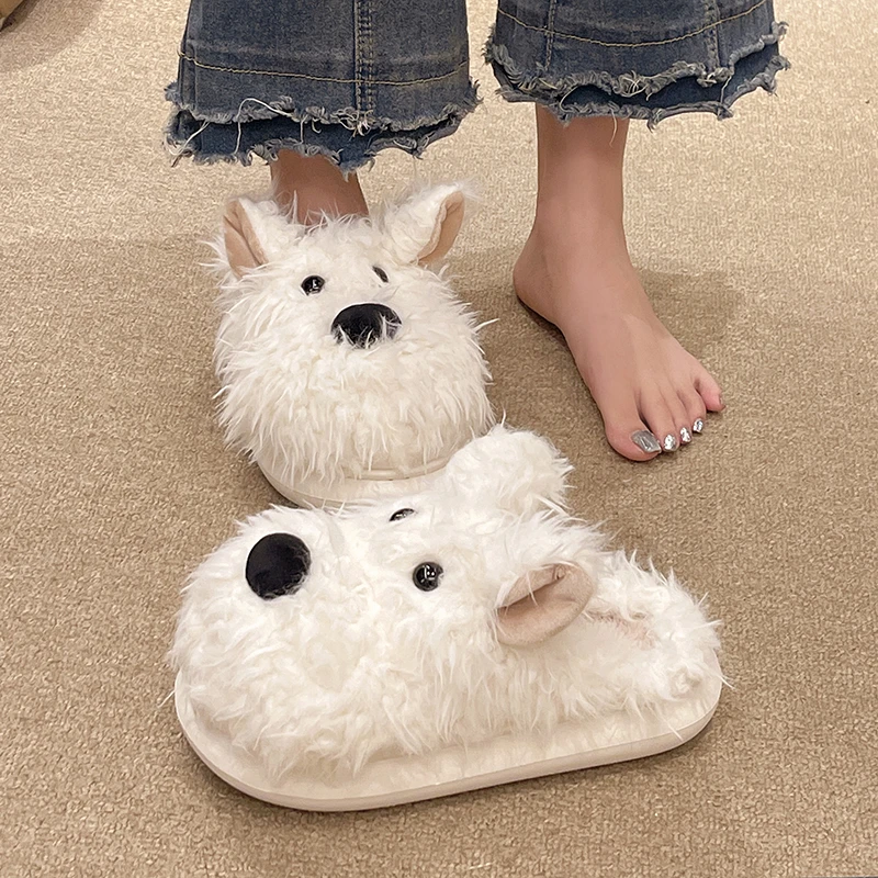 2025 nuevas botas de zapatilla de felpa para mujer diseño de perro de dibujos animados suela gruesa antideslizante forro polar cálido cómodo interior exterior invierno