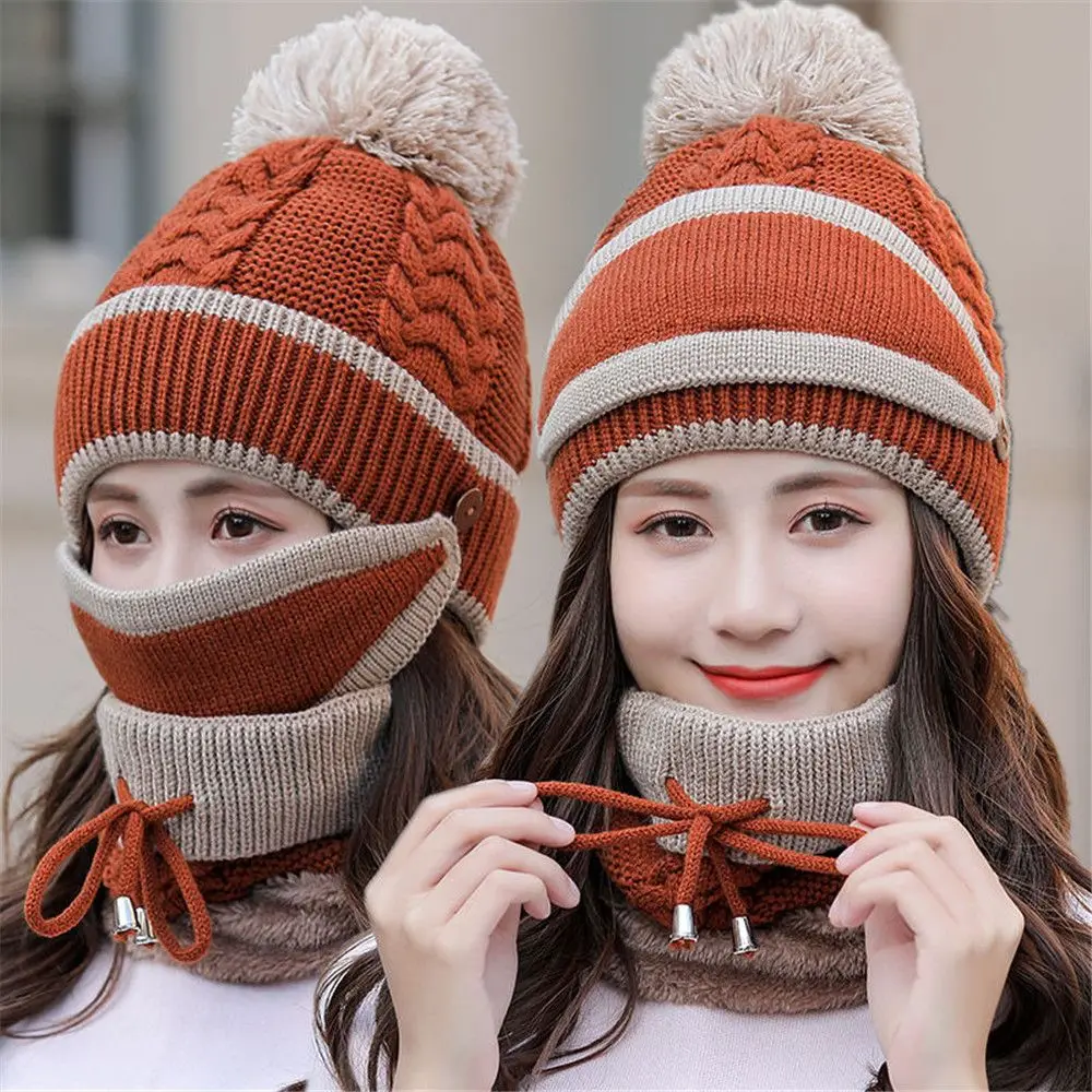 3Pcs Women Beanie Hat Pom Bobble Scarf Mask Set Knitted Winter Neck Warmer Warm Snow Ski Cap Fleece Scarf Outdoor Sports