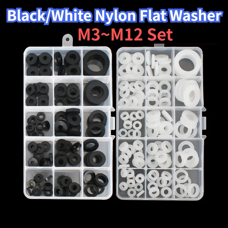 110/130pcs Boxed Plastic Nylon Flat Washer Plain Spacer Insulation Gasket Ring Assortment Kit Set M3 M4 M5 M6 M8 M10 M12
