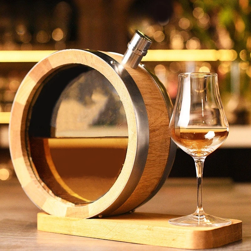 Transparent Glass Whiskey Oak Cask Shirley Cocktail Foreign Wine Aging Cask Spirits  Solid Wood Craft