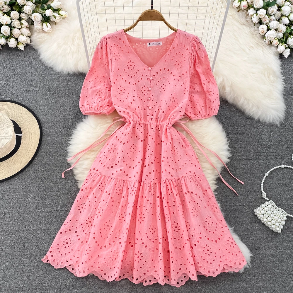 Vestido Midi de Verano con Estilo Fresco, Manga Abullonada, Cuello en V, Bordado Calado, Línea A, Cintura Alta con Cinturón, ...