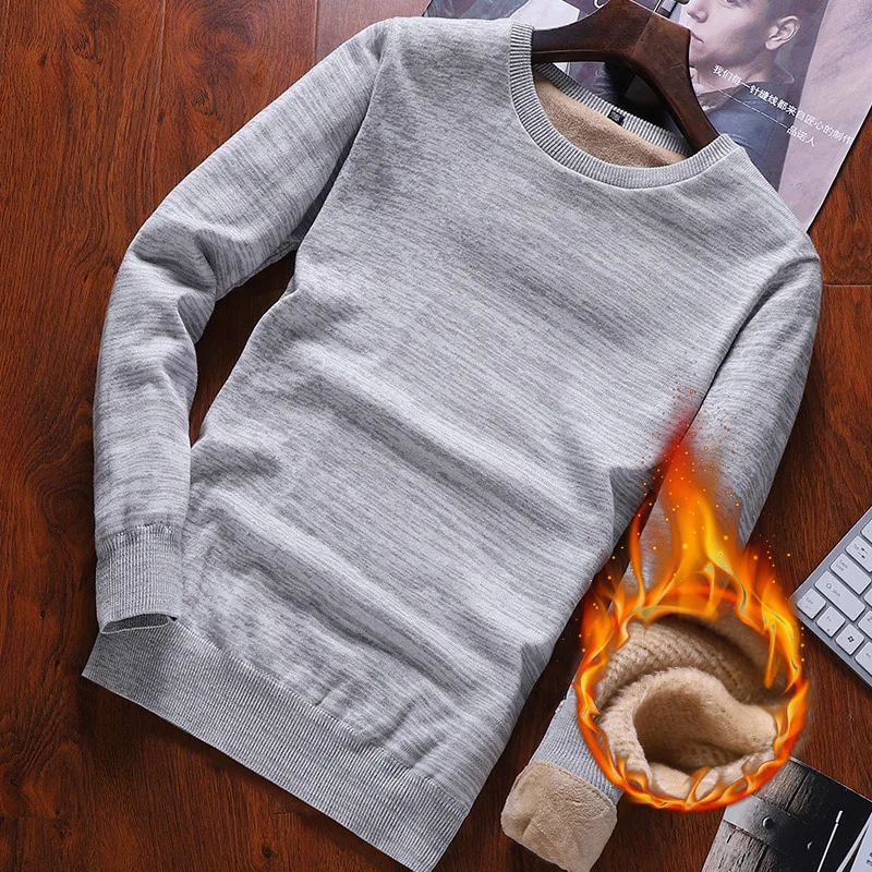 

Мужской утепленный хлопковый свитер с круглым вырезом, приталенный, повседневный, теплый, осенне-зимний, модный, стильный, базовый топ