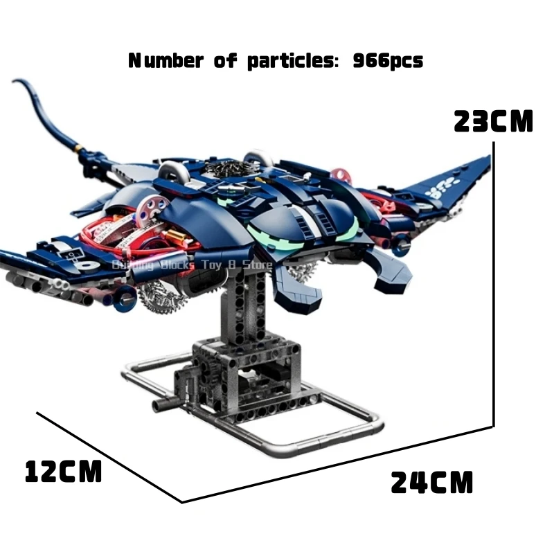 966PCS Creative Technical Mechanical Manta Rays Building Blocks Bricks STEM Sea Life Animal Model Toy Set Kit for Adult Kid Gift