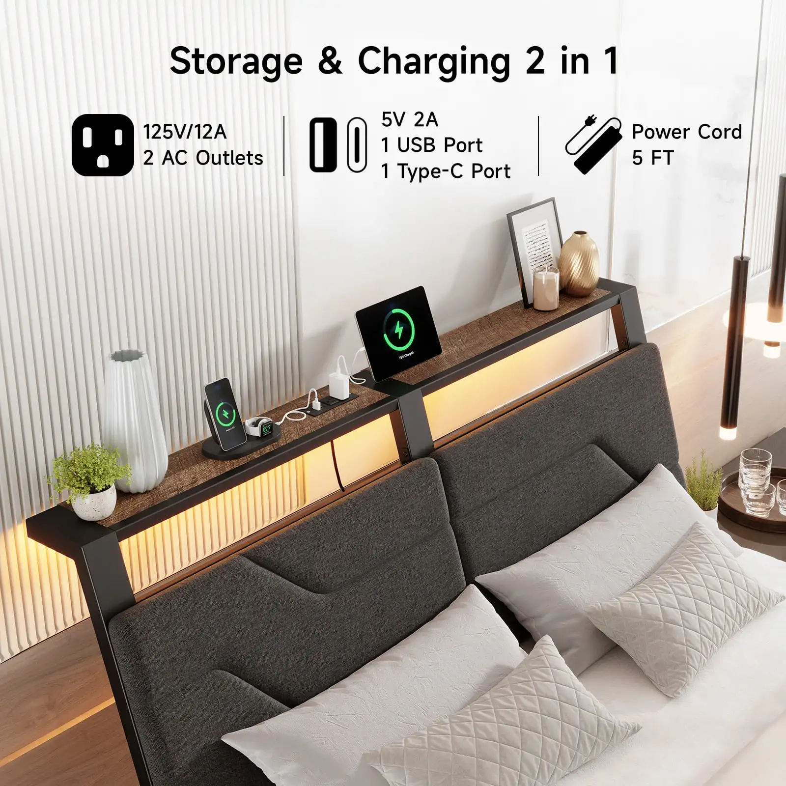 Queen Bed Frame with Headboard and LED Lights, Ergonomic Upholstered Queen Platform Bed Fame with Charging Station & Storage image 4
