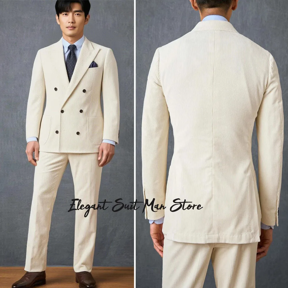 

white vintage corduroy men's suit set (Jacket+Pants) Slim fit business suit Blazers Pants Double breasted men Business suit set