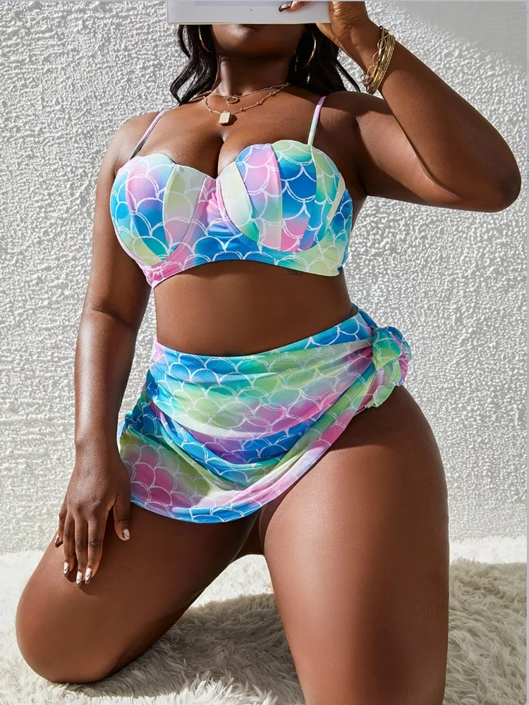 Plus Size Bikini zestaw stroje kąpielowe kobiety 2024 Sexy syrenka Shell Push Up z fiszbinami 3-częściowy strój kąpielowy kobieta Tankini strój