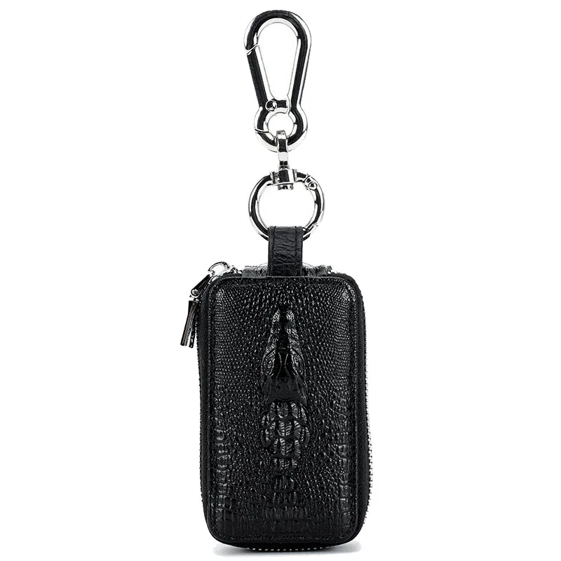 Leather Crocodile Pattern Key Ring Car Key Wallet Large Capacity Storage Bag Key Bag Black Double Zipper Without