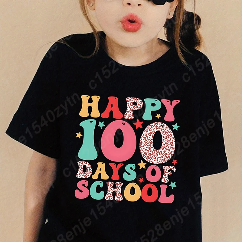 Happy 100 Days Of School Print T-Shirts Children Girls Clothing Summer Short Sleeves Tee Shirts Hot Selling Solid Color T-Shirts