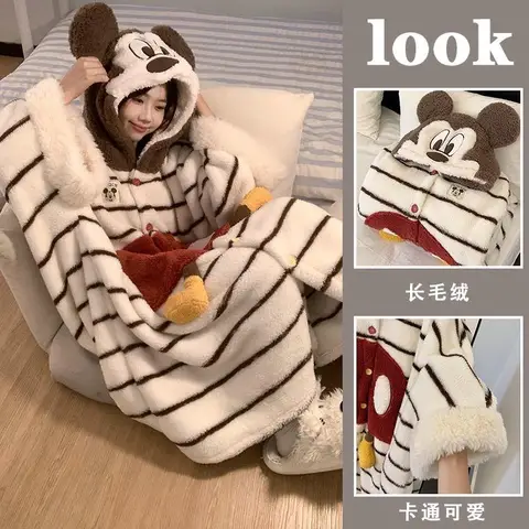 Disney Cute Mickey Pajamas Hooded Cartoon Nightgown Soft Coral Fleece Thickened Home Comfortable Autumn Winter Warm Sleepwear