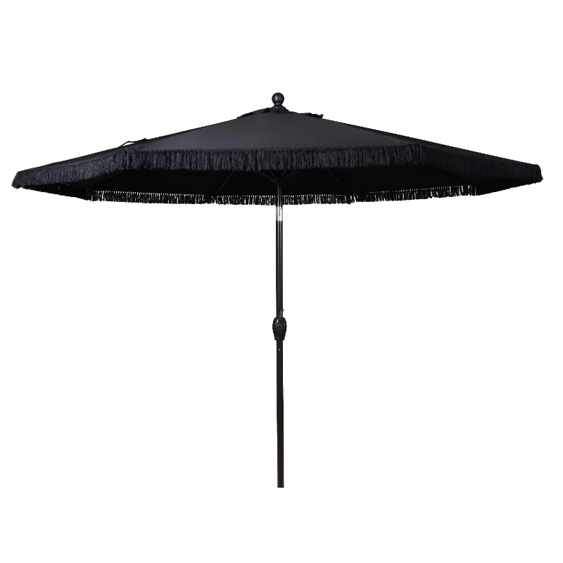 Outdoor 9' Black Fringe Round Crank Premium Patio Umbrella,9' x 9' x 8',11.2 lbs,Eight steel ribs provide canopy support