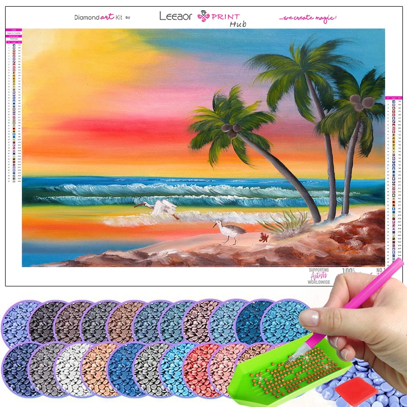 Diamond Mosaic Cross Stitch Kit para Decoração de Casa, Pintura Diamante Artesanal, Céu Colorido, Círculo Completo De Strass, Cenário De Praia, Presentes