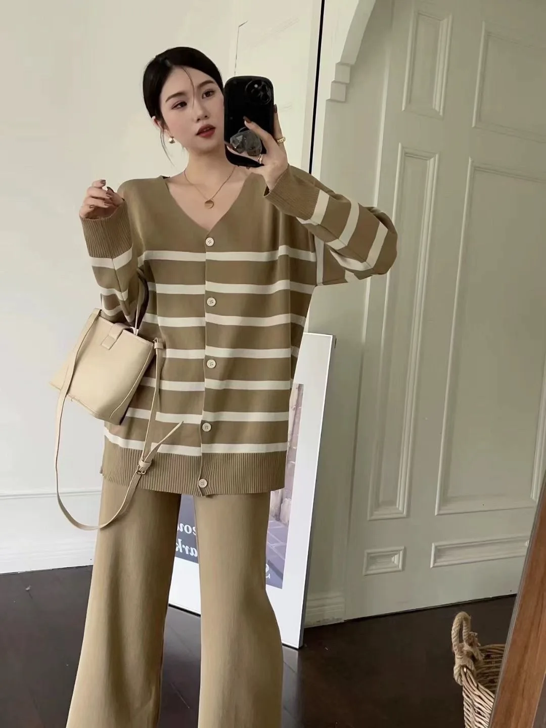 New Oversized Striped Knitted Two Piece Set for Women V-neck Casual Loose Sweater + Wide Leg Pants Sets Korean Fashoin Outfits