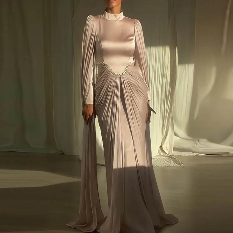 

Повседневное платье-шаль с длинными рукавами, однотонное, для свадьбы, женское, модное, плиссированное, с завышенной талией, длинное, элегантное, с круглым вырезом, украшенное стразами