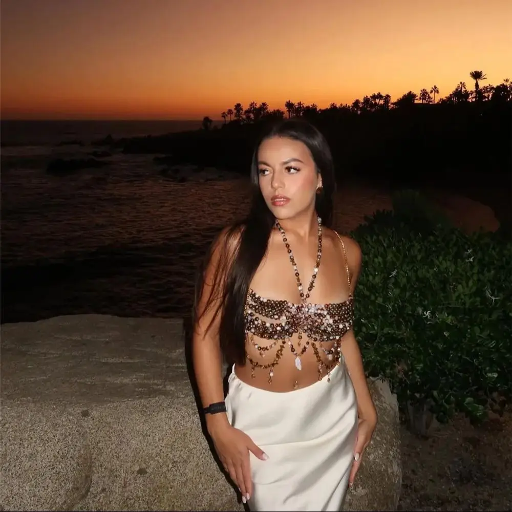 스파이시 걸 스타일 비즈 목걸이 바디 체인 탑, 조개 펜던트와 프린지 멀티 레이어 체인 비치 레이어드 액세서리