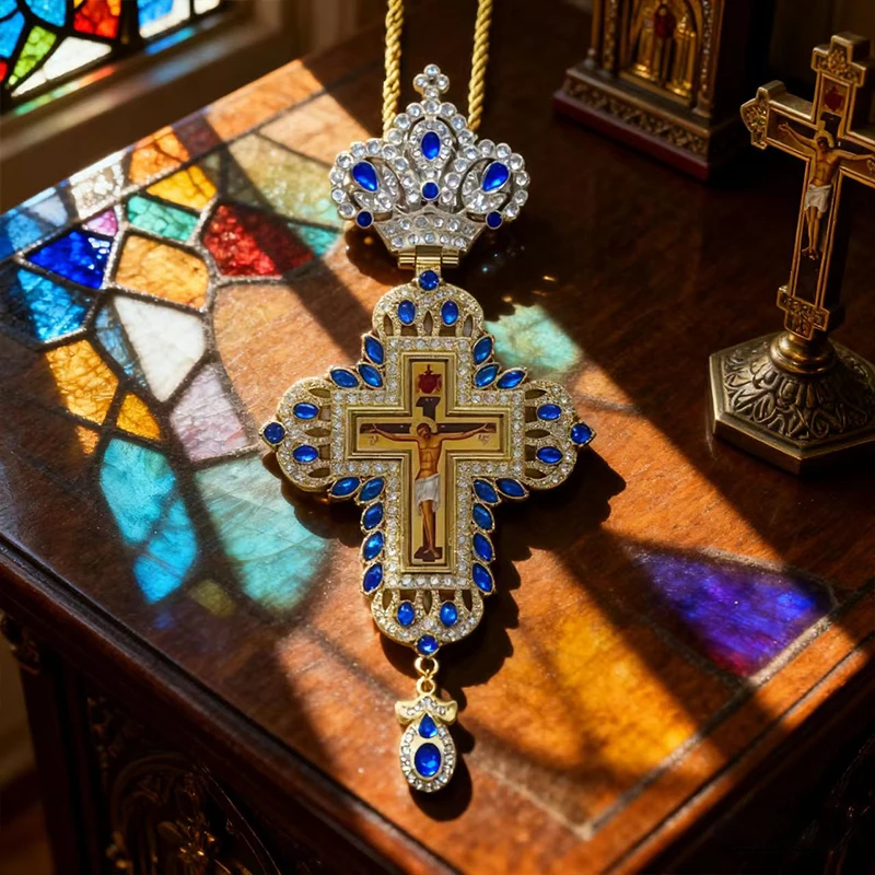 Luxuriöse Orthodoxe Brustkreuz-Halskette, Rote Kristallakzente mit Kruzifix-Ikone, Hochwertiger Liturgischer Schmuck für Kirchliche Sakramente – Detail 17