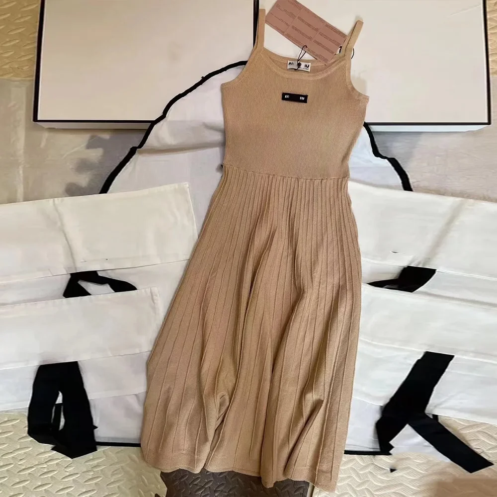 

Women Elegant Slim Knitt Strap A-Line Dress Spring Summer Classical Fashion Solid Sweater Dresses Camisole Sleeveless Long Dress