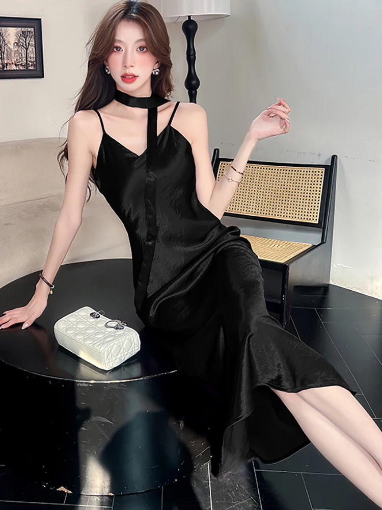 女性パープルサテンシックな V ネックセクシーなスリングロングドレス 2025 韓国ヴィンテージ高級イブニングドレス夏エレガントなボディコンパーティードレス