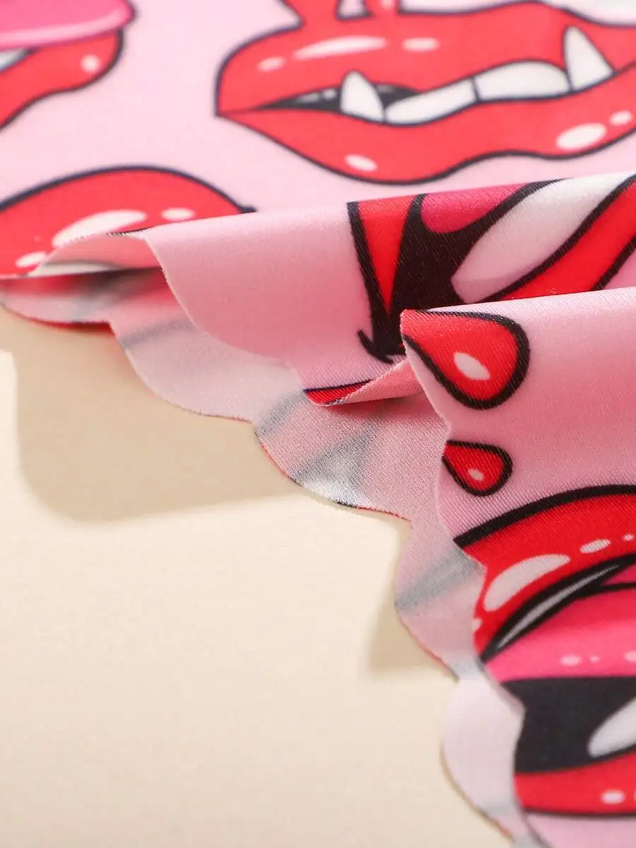 

7pcs Womens Seamless Panty Set With Wave Hem And Lip Print, Pink